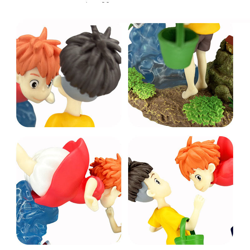 The scene of the encounter between Goldfish Hime, Mermaid Princess Ponyo, and Sosuke on the cliff is a static figurine model ornament