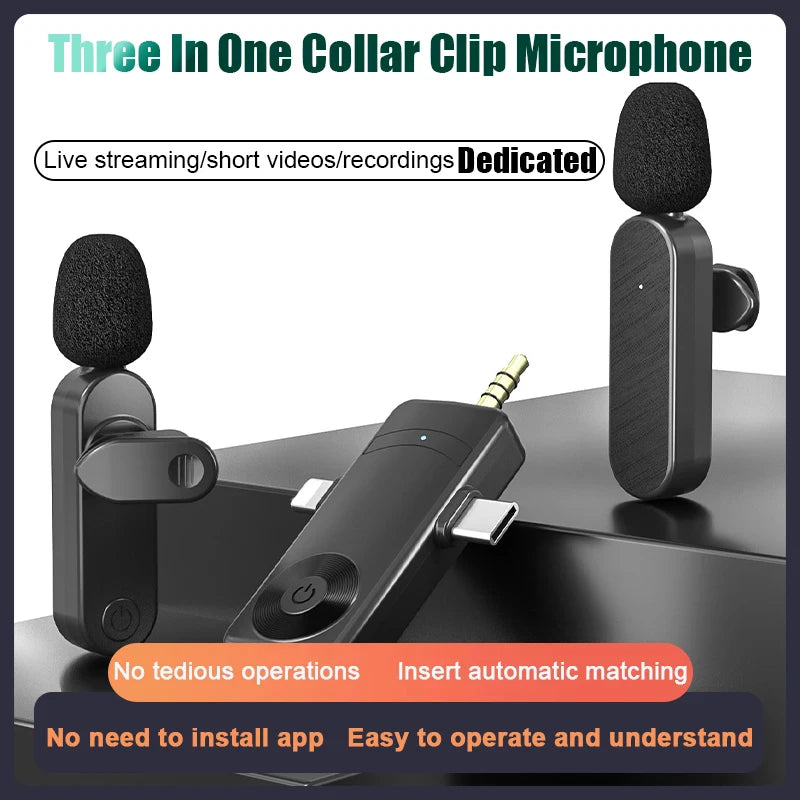 3 In 1 Wireless Lavalier Microphone Plug And Play Intelligent Noise Reduction Mini Mic For iPhone Android Live Broadcast