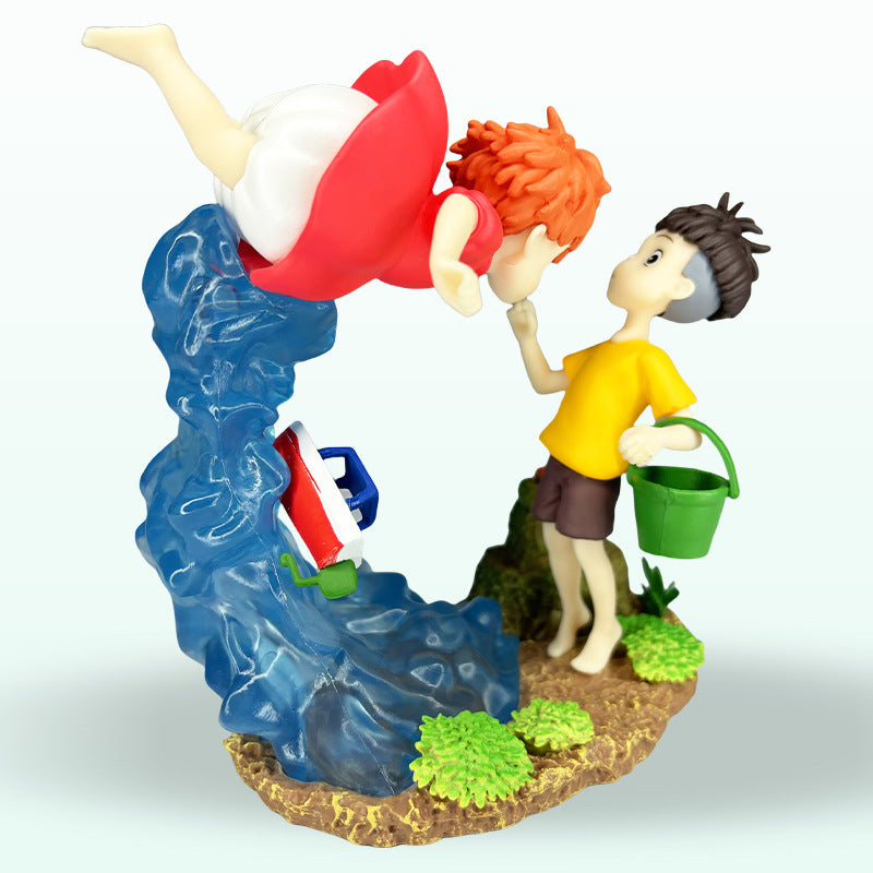 The scene of the encounter between Goldfish Hime, Mermaid Princess Ponyo, and Sosuke on the cliff is a static figurine model ornament