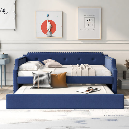 Upholstered Daybed with Trundle, Wood Slat Support,Upholstered Frame Sofa Bed Twin Blue