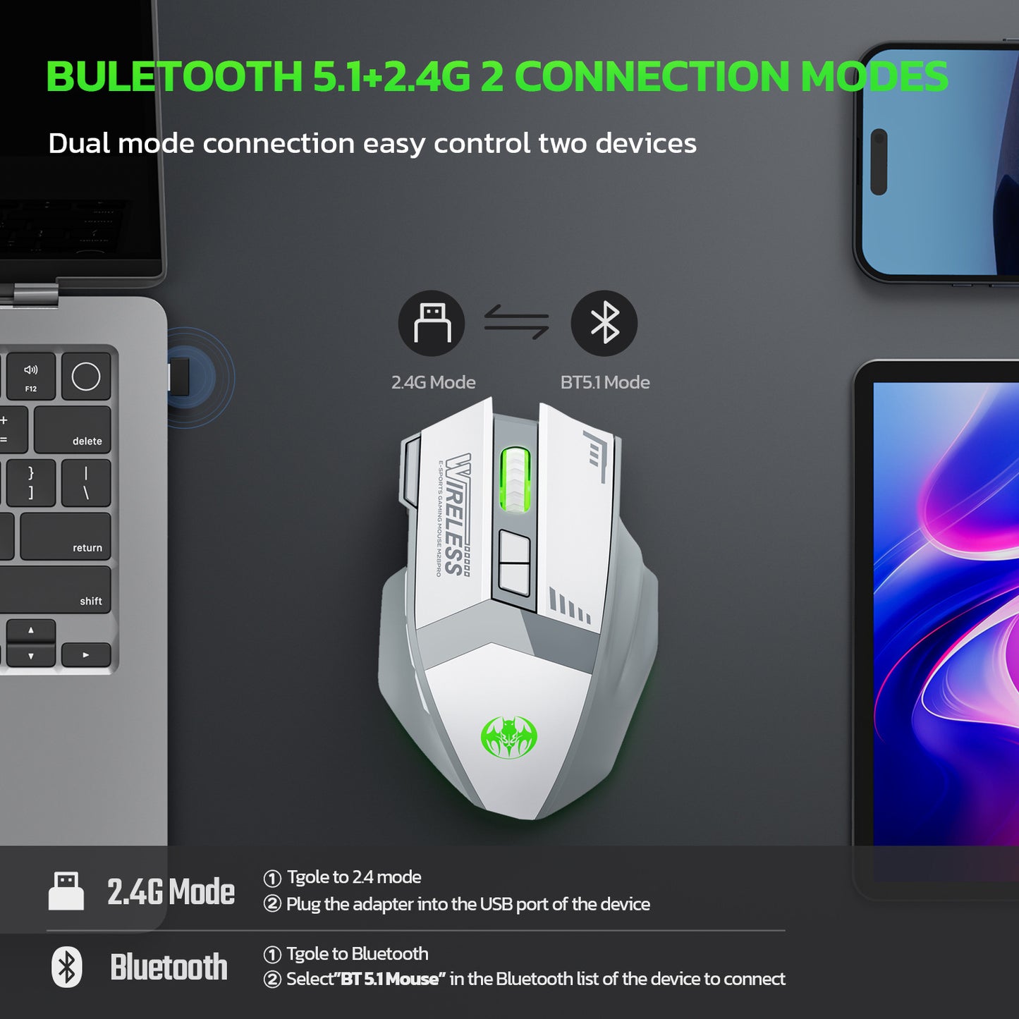 Wireless charging Bluetooth dual-mode 10 key mute gaming mouse 4800DPI mouse RGB color light