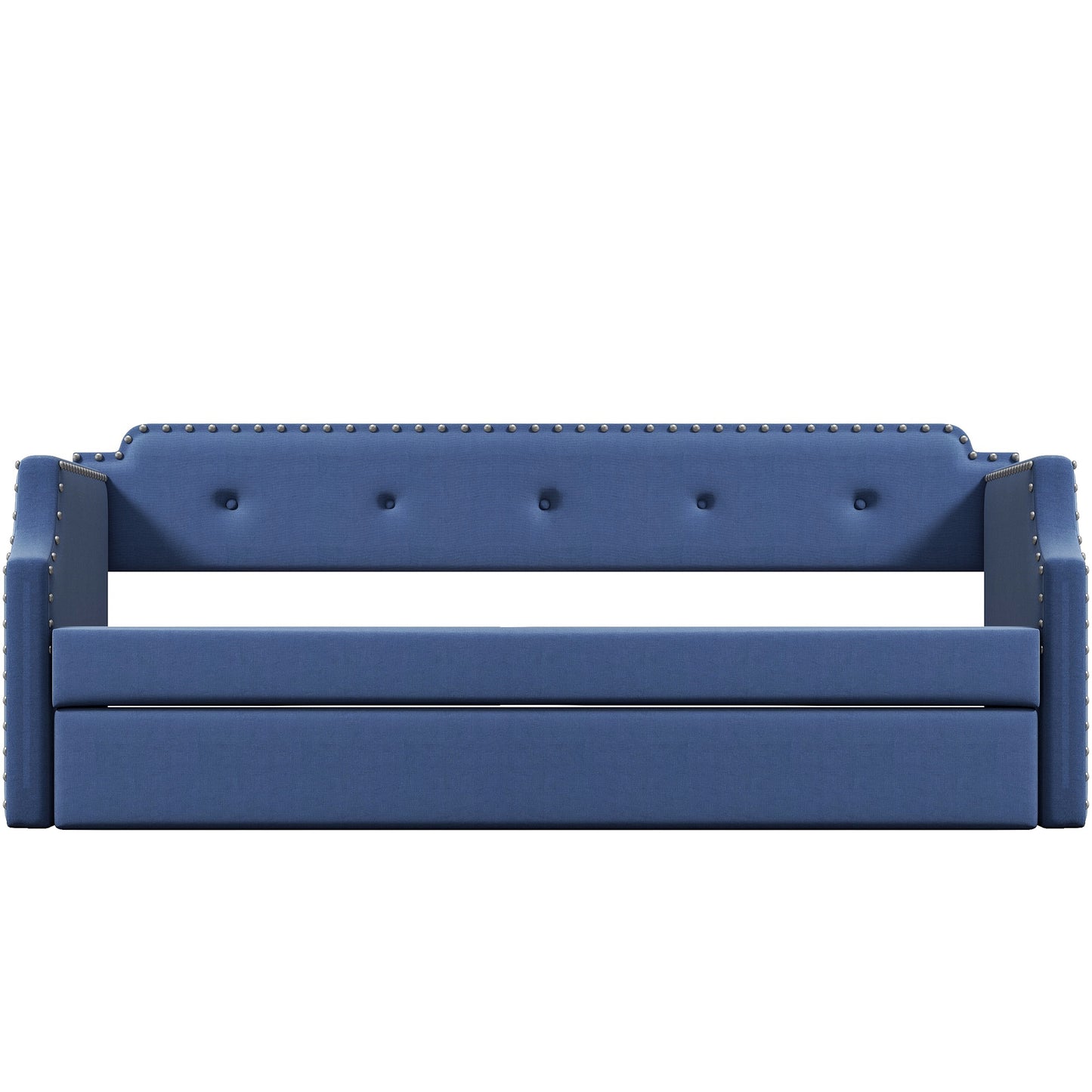 Upholstered Daybed with Trundle, Wood Slat Support,Upholstered Frame Sofa Bed Twin Blue