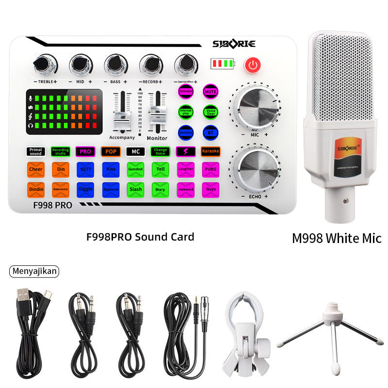 F998Pro live singing sound card white English version intelligent noise reduction integrated microphone